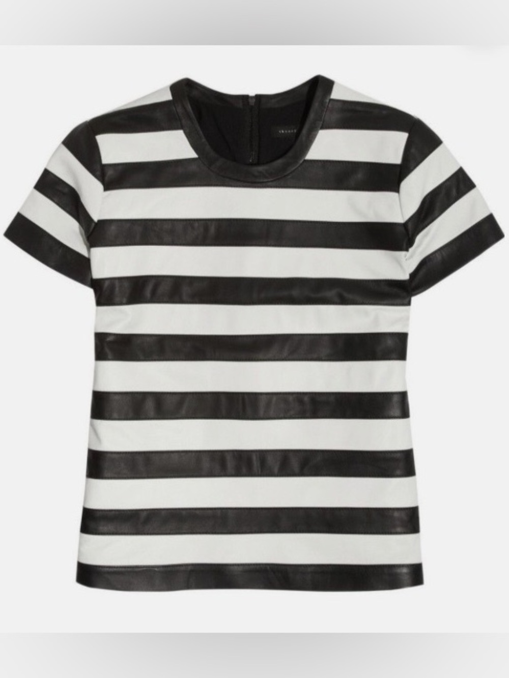 Theory Black & White Horizontal Striped Leather Tee
